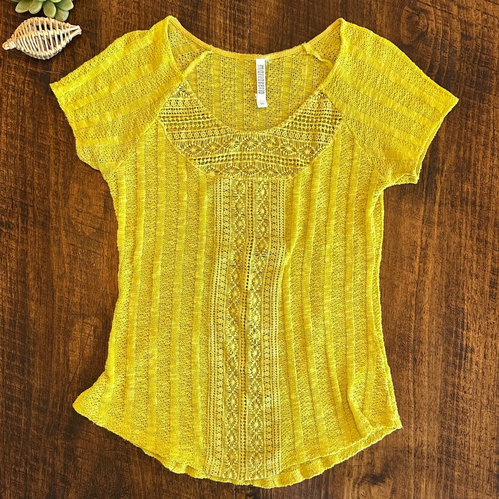 Maria Rerio |  Chartreuse Boho Crochet Lace Knit Short Sleeve Top, Size S